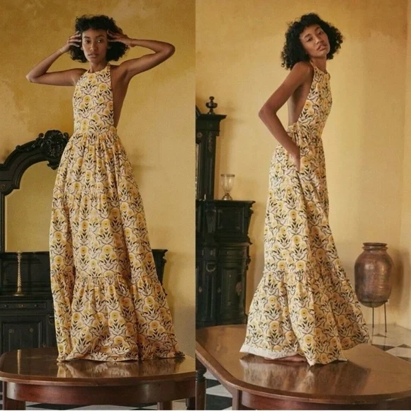 Agua by Agua Bendita Naranja Mimosa Halter Yellow Floral Maxi Dress Size S - Picture 2 of 12
